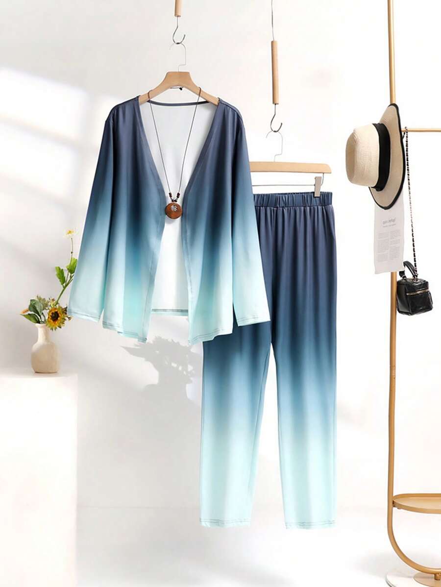 SHEIN LUNE Plus Size Casual Gradient Print Long Sleeve Shirt & Long Pants 2 Pieces Set - Green - View 1