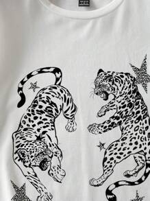 SHEIN EZwear 大码休闲简约图案圆领短袖 T 恤，大码，适合夏季 - 白色 - 查看 5