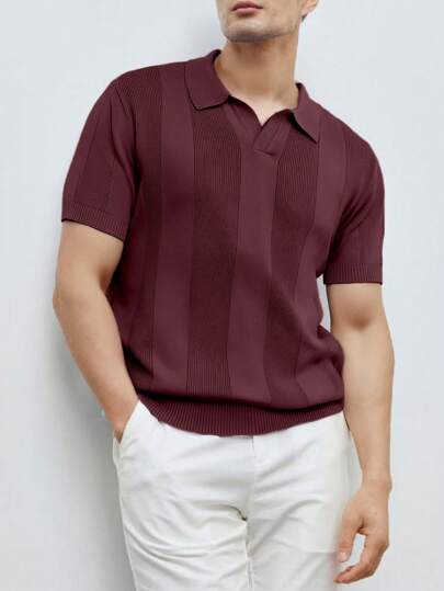RivetRise Men's Plain Color Short Sleeve Knit Top, Minimalist & Fashionable, Suitable For Summer Men Knit Polo, Burgundy Top For Men, Men Buttoned Knitted Polo, Men Knit Shirt, Men Clothes Men Polo Shirts
