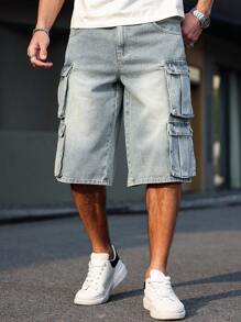 RivetRise Pantalones cortos vaqueros de verano informales para hombre con bolsillos múltiples y efecto desgastado