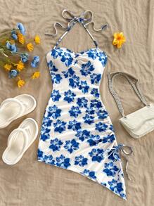 Soleia 女士度假风格白底蓝花浪漫印花不对称下摆挂脖蝴蝶结修身紧身连衣裙，时尚秋冬分层单品 - 藍白色 - 查看 6