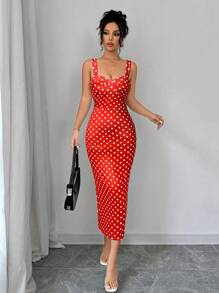 Firerie 女士优雅节日复古音乐节波尔卡圆点心形领口紧身中长吊带背心连衣裙 - 紅色 - 查看 4