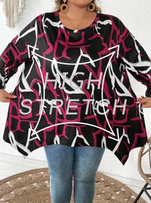 SHEIN CURVE+ Camiseta suelta de manga 3/4 con cuello redondo y bajo asimétrico para mujer de talla grande, con estampados de San Valentín, rosa, corazón, lunares, amor, labios, Cupido, flores 3D