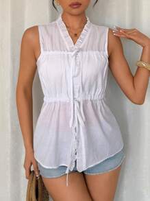 Breezaya Women's Vacation Style Sleeveless Ruffled Drawstring Tie Front Blouse, Bowknot Design - White - View 4