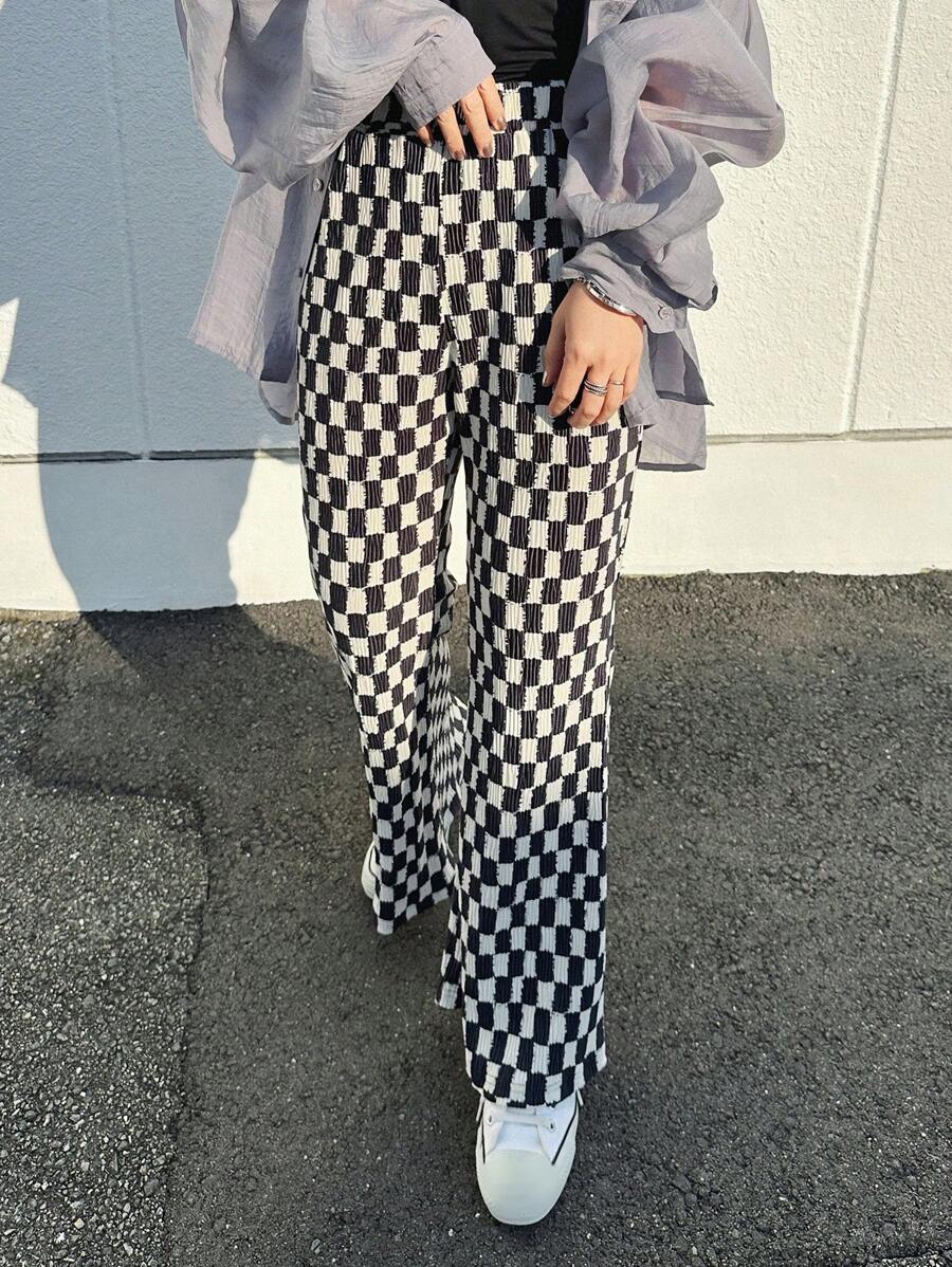 FRIFUL 女士高腰喇叭腿棋盘格休闲裤秋冬格子 - 黑色 - 查看 1