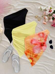 Soleia 3pcs Orange Tropical Floral Print On Yellow Base, Solid Black And Light Yellow Assorted Asymmetric Shoulder Hem Blouse For Women, Suitable For Summer And Beach-Style,Rave Top Suitable For Going Out