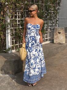 DAZY Vestido midi de tirantes con volantes y estampado de plantas, vestido casual de vacaciones estilo boho para mujer - Azul - Ver 3