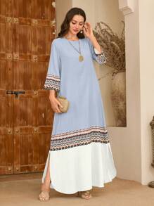 Al Najma Round Neck Patchwork Floral Retro Print Colorblock Women Dress, Spring/Summer - Baby Blue - View 4