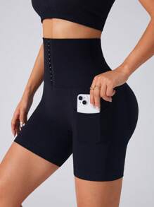 Easithlete Seamless High Waist Yoga Shorts With Pockets, Tummy Control & Lift - Black - View 2