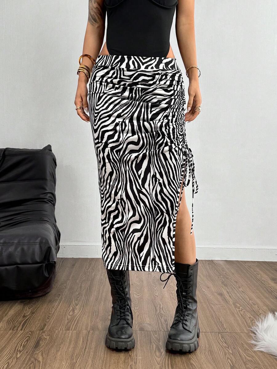 Coolane Women'S Drawstring Pleated Zebra Pattern High Slit Skirt - Black and White - View 1
