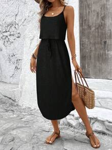 SHEIN LUNE Vestido informal de mujer con costillas, sin mangas, con abertura y cordones, atuendo básico diario para primavera y verano