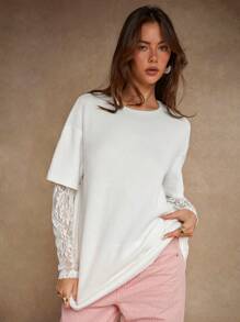 COSMINA Women's Lace Patchwork 2 In 1 T-Shirt, Autumn/Winter - White - View 6