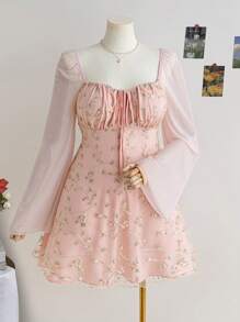 SHEIN WYWH Váy chữ A thêu hoa lãng mạn cỡ lớn cho nữ, tay loe, màu hồng, kỳ nghỉ mùa xuân - Màu Hồng baby - Xem 9