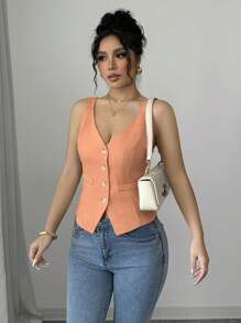 Selianne Áo ba lỗ cài nút phía trước màu trơn đơn giản cho nữ, mùa hè - trái cam - Xem 3