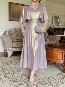 DAZY 女士纯色 V 领中长连衣裙，简约时尚，适合夏季舞会礼服优雅太阳裙、正式女士连衣裙 - 淡紫色 - 查看 5