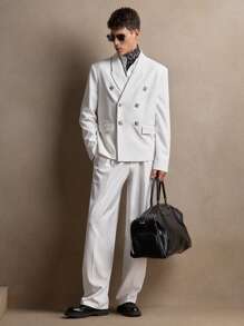 AKNOTIC 2pcs/Set Men's White Woven Diamond Embellished Slim Fit Double Breasted Casual Blazer Suit Set, Suitable For Daily Wear, Vacation, Wedding, Party, Graduation Gift, Spring/Summer - White - View 1