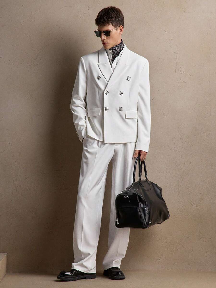 AKNOTIC 2pcs/Set Men's White Woven Diamond Embellished Slim Fit Double Breasted Casual Blazer Suit Set, Suitable For Daily Wear, Vacation, Wedding, Party, Graduation Gift, Spring/Summer - White - View 1