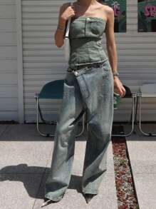 DAZY 女士弹力修身牛仔吊带背心，春夏抹胸上衣 - 中等水洗藍 - 查看 4