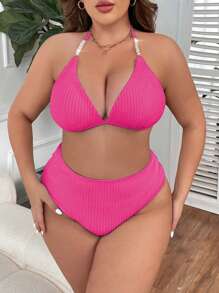 Swim Lushoire 大码女式 2 件纯色 3 杯分体式时尚泳衣套装 - 粉色 - 查看 4