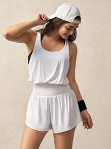 VARSIVA Women's White Knitted Sports Jumpsuit: Sleeveless Scoop Neck, Backless Semi-Sheer Short Jumpsuit For Energetic Workouts - White - View 3