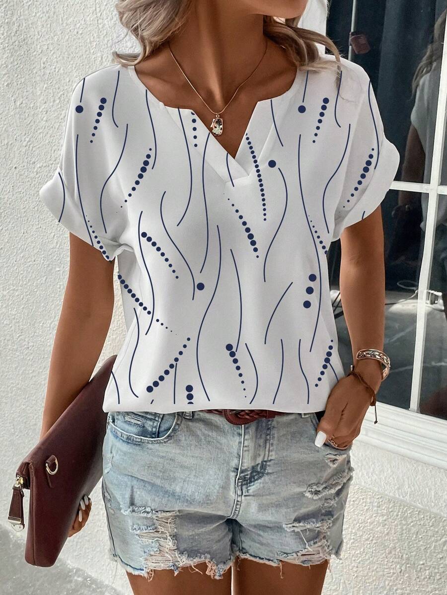 SHEIN Clasi Women's Casual V-Neck Polka Dot Print Short Sleeve Blouse - White - View 1
