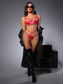 Bộ đồ lót Valentine 2 món cho nữ: Áo ngực và quần lót - Đỏ - Xem 3