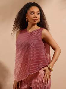 Vixey Burgundy Ombre Pleated Structured Asymmetrical Hem Tank Top,Summer,Elegant,Tea Party,Holiday Women's Boho Bohemia Beach Vacation Brunch Island Tops - Orange - View 3