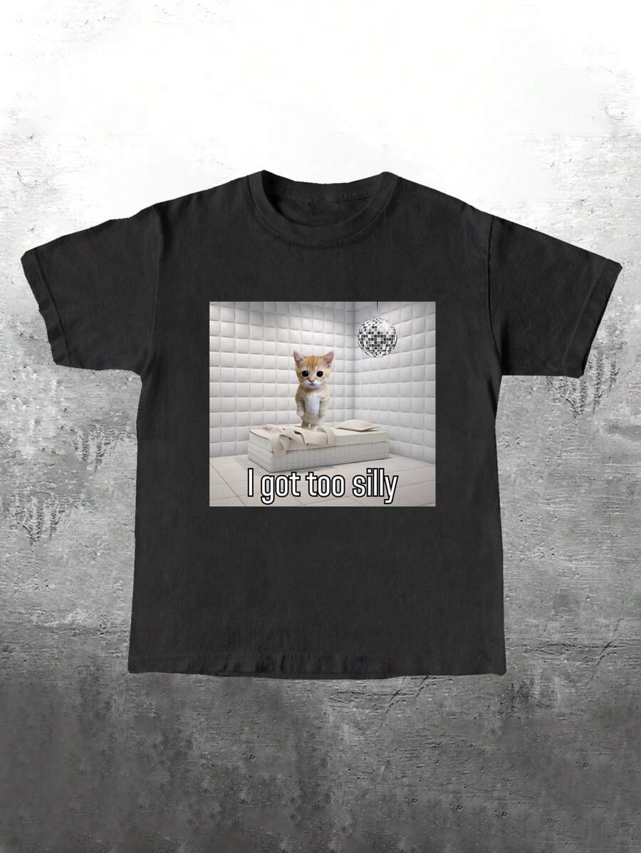 SHEIN 有趣的悲伤哭泣猫图案短袖 T 恤，女士休闲运动街头装夏季 T 恤 - 黑色 - 查看 1