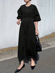 FRIFUL Women Solid Color Round Neck Lantern Sleeve Casual Long Dress Summer Beach Wear