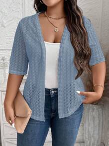 SHEIN LUNE Plus Size Jacquard Knit Minimalist Lightweight Summer Jacket In Fall/Winter - Dusty Blue - View 6