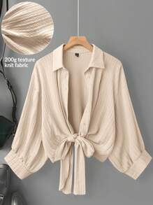 SHEIN LUNE Plus Size Women's Knit Tie Cuff Long Sleeve Shirt, Old Money,Summer For Women, 90s, Spring Break, Ibiza Fit, Beach Woman/Beach Boho Rave Festival Fall - Apricot - View 1