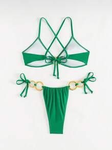 SHEIN Swim 2PCS Women's Sexy Criss-Cross Strap Gold Ring Green Bikini Swimsuits, For Beach, Pool Party, Summer - Green - View 2