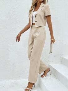Chiquease 2 件套夏季休闲/商务短袖夹克和裤子套装 - 杏色 - 查看 1