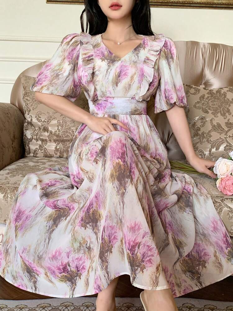 Women's Summer Short Sleeve Ditsy Floral Allover Print Midi Dress, Elegant Countryside Chic Style Boho