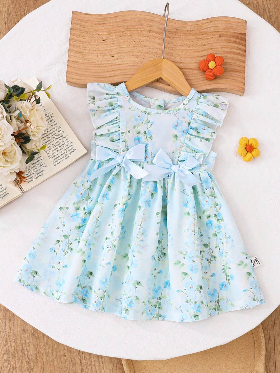 SHEIN 婴儿/幼儿女孩甜美可爱宽松舒适编织花卉图案蝴蝶结前褶边袖粉色休闲连衣裙，春夏新品