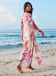 Opulessa Printed V-Neck Long Sleeve Dress For Women,Bohemia - Pink - View 7