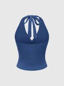 ROMWE Grunge Punk 女式性感纯色露背挂脖蓝色无袖上衣，夏季