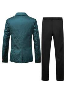 Calvornis Conjunto de chaqueta y pantalones de traje de color contrastante de manga larga para hombre - Verde Oscuro - Ver 3