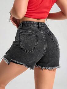 Jeanoix 休闲纯色做旧原始下摆口袋牛仔短裤 - 黑色 - 查看 2