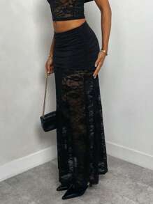 Glamine 蕾丝拼接修身半身裙，日常休闲装 - 黑色 - 查看 8