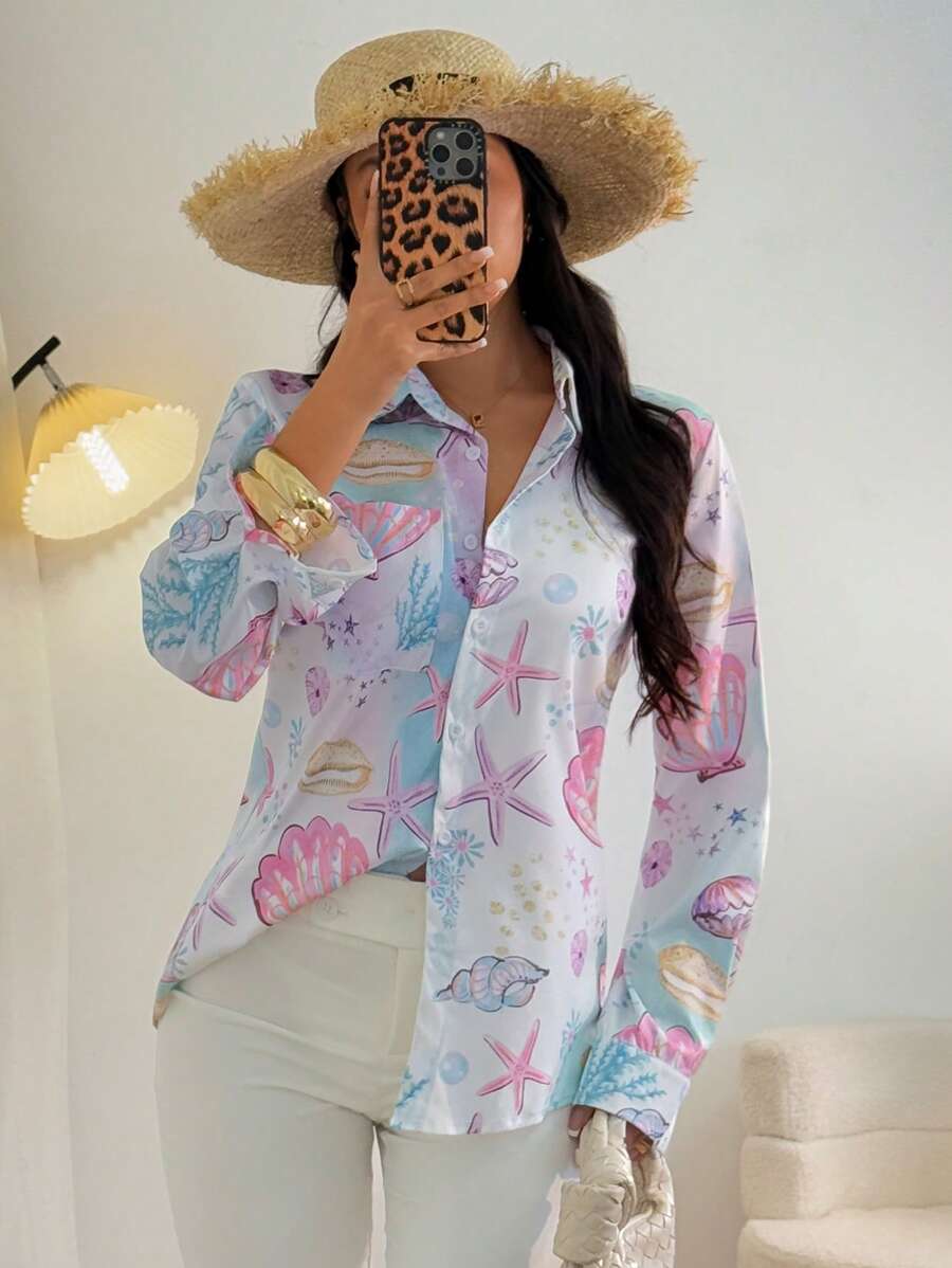 Breezaya 女士休闲贝壳图案衬衫+印花不对称下摆半身裙