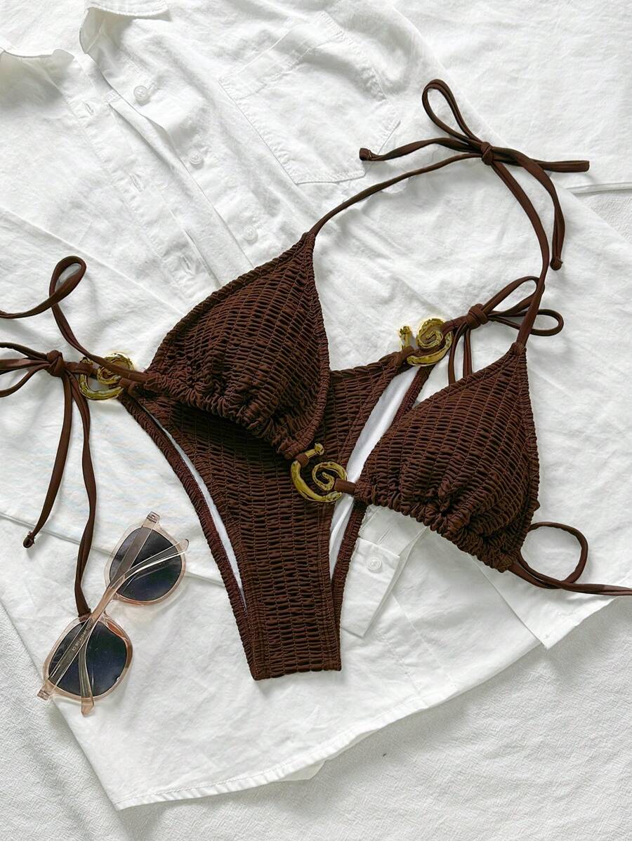 SHEIN Swim 2pcs Women Solid Color Metal Buckle Casual Vacation Bikini Set, Summer Beach - Brown - View 1