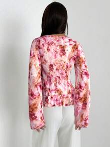 Firerie Women's Ruffled Tie-Up V-Neck Flare Sleeve Floral Print Chiffon Blouse, Fall Clothes