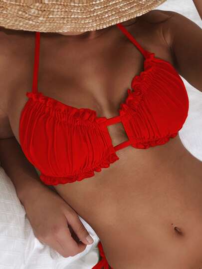 Swim SXY Ruffled Edge Simple Solid Color Bikini Top, Fashionable For Summer