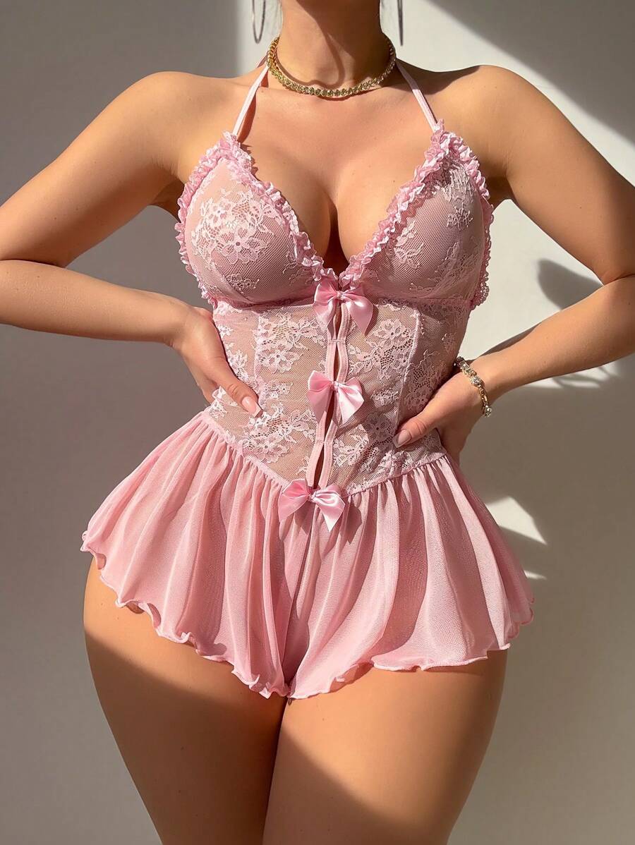 PetitDoll Women's Sexy Baby Pink Lace Halter Slip Dress With Bow Detail Slight Stretch Lingerie - Baby Pink - View 1