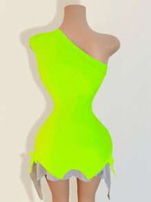 BamGleam Damen Asymmetrischer Ausschnitt Figurbetontes Kleid mit asymmetrischem Saum, modisches bedrucktes Kleid, Strandoutfit