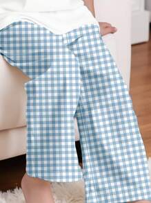 SHEIN Tween-Mädchen Niedliches Welpen-Karomuster, lässiges, minimalistisches Pyjama-Set mit Rundhalsausschnitt und kurzen Ärmeln, Oberteil und Hose, geeignet für den Sommer - Verschiedenfarbig - Übersicht 5