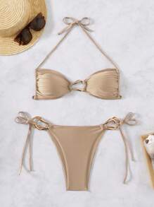 SHEIN Swim 女士春假沙滩装，吊带系带时尚配饰性感镂空海滩度假泳衣套装 - 棕色 - 查看 1