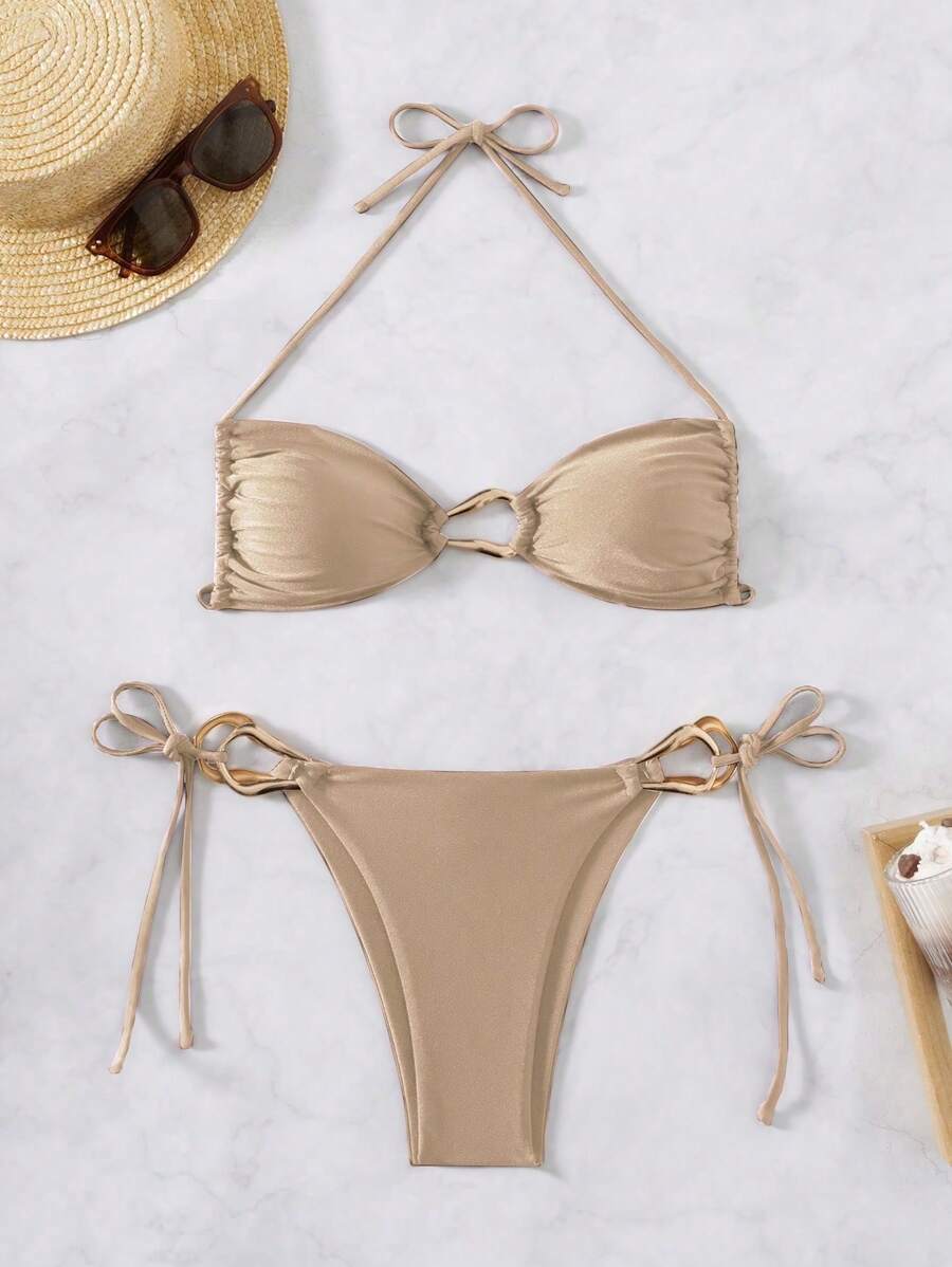 SHEIN Swim 女士春假沙滩装,吊带系带时尚配饰性感镂空海滩度假泳衣套装 - 棕色 - 查看 1
