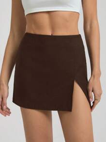 SHEIN Tall Váy mini trơn màu xẻ tà bên hông cho nữ - màu nâu - Xem 7